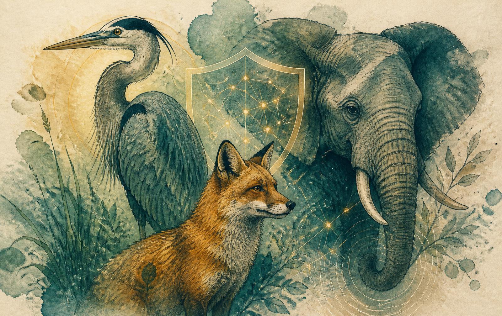 Hand-painted wildlife study of a heron, fox and elephant with a digital safety shield motif